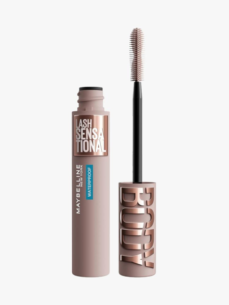 Maybelline New York Lash Sensational Body Waterproof Mascara in branded component on a light gray background