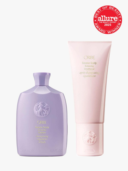 Oribe Serene Scalp Shampoo and Conditioner in branded components on a light gray background